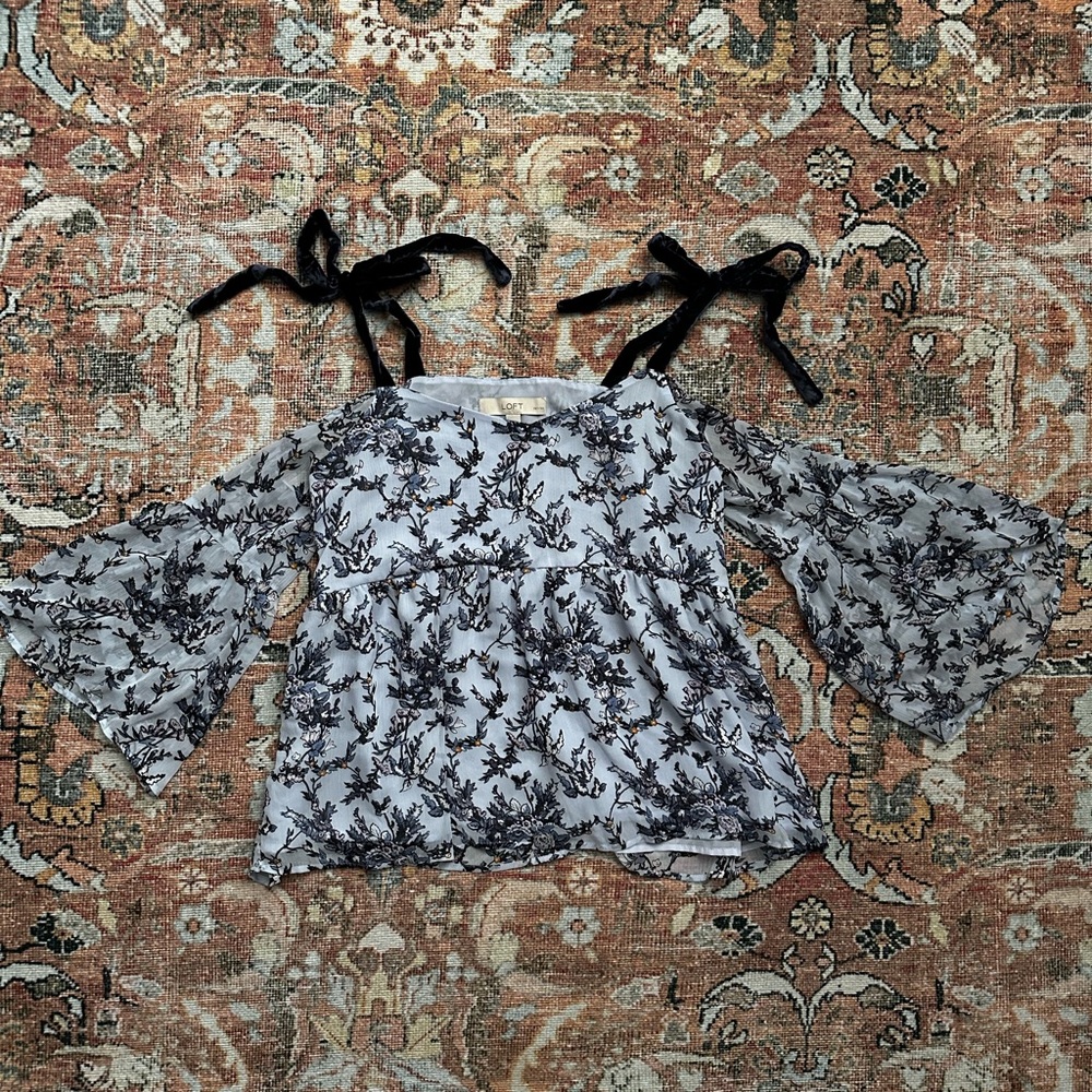 LOFT Floral Bell Sleeve Top with Black Ties Medium Petite
